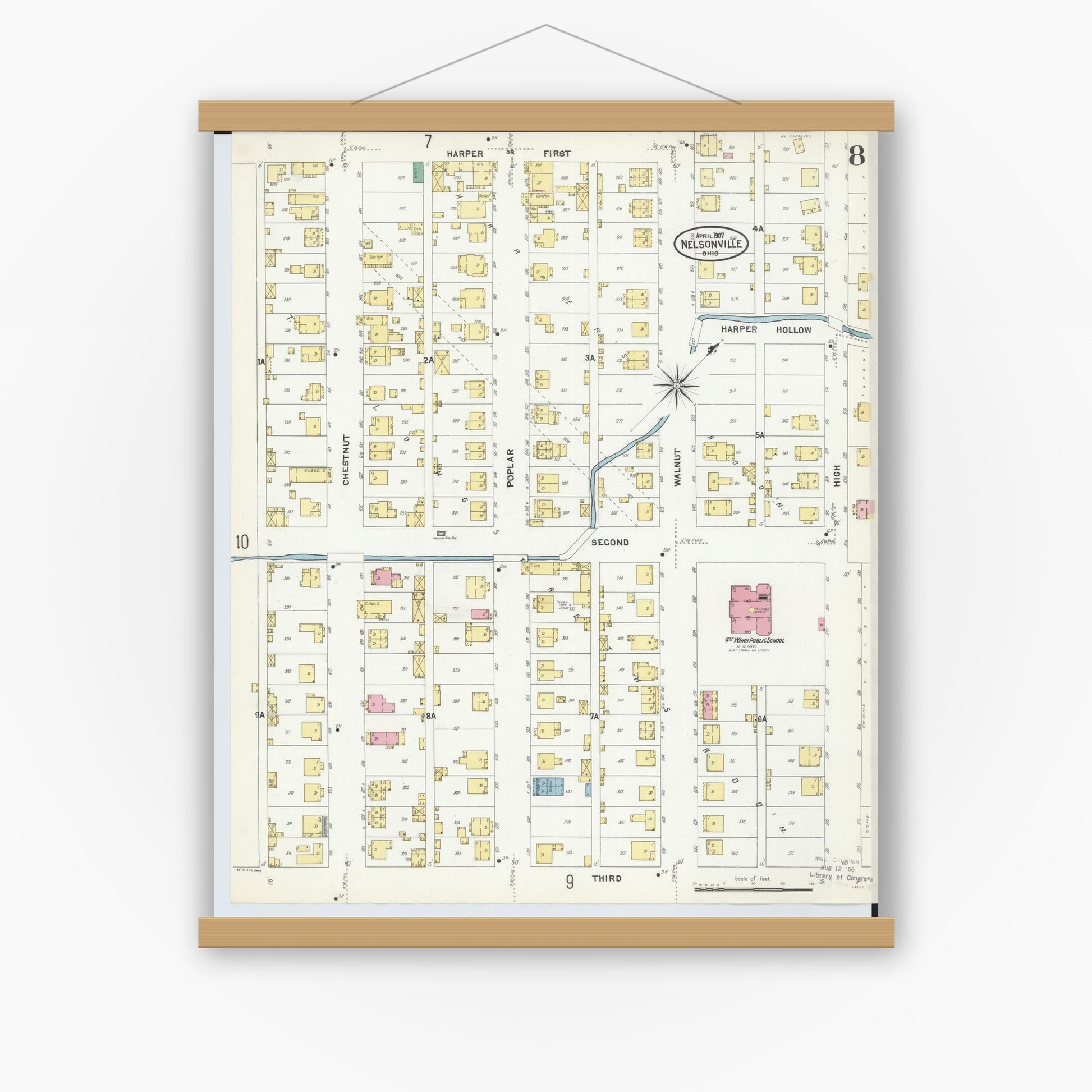 Old map wall art mockup — magnetic wood frame on white wall — Sanborn Fire Insurance Map from Nelsonville, Athens County, Ohio (1907), Sheet #0008