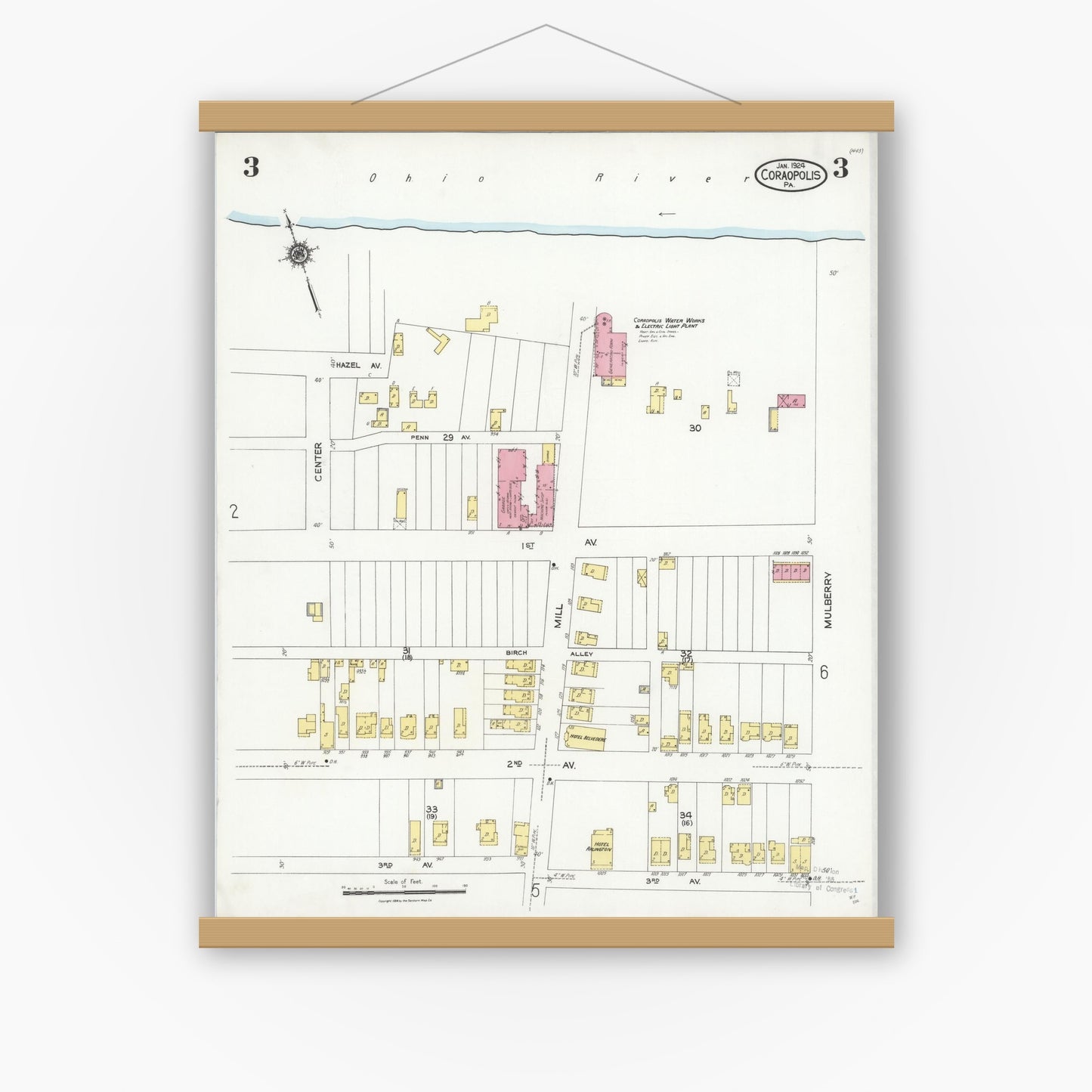 Old map wall art mockup — magnetic wood frame on white wall — Sanborn Fire Insurance Map from Coraopolis, Allegheny County, Pennsylvania (1924), Sheet #0003