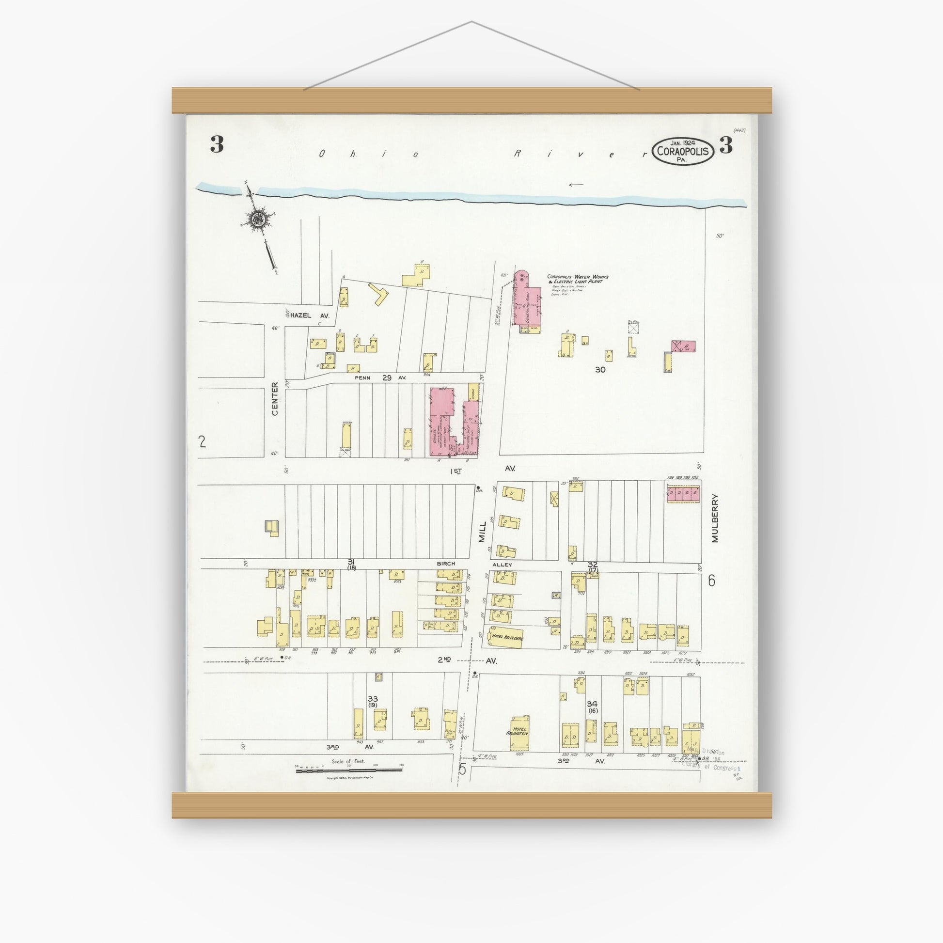Old map wall art mockup — magnetic wood frame on white wall — Sanborn Fire Insurance Map from Coraopolis, Allegheny County, Pennsylvania (1924), Sheet #0003