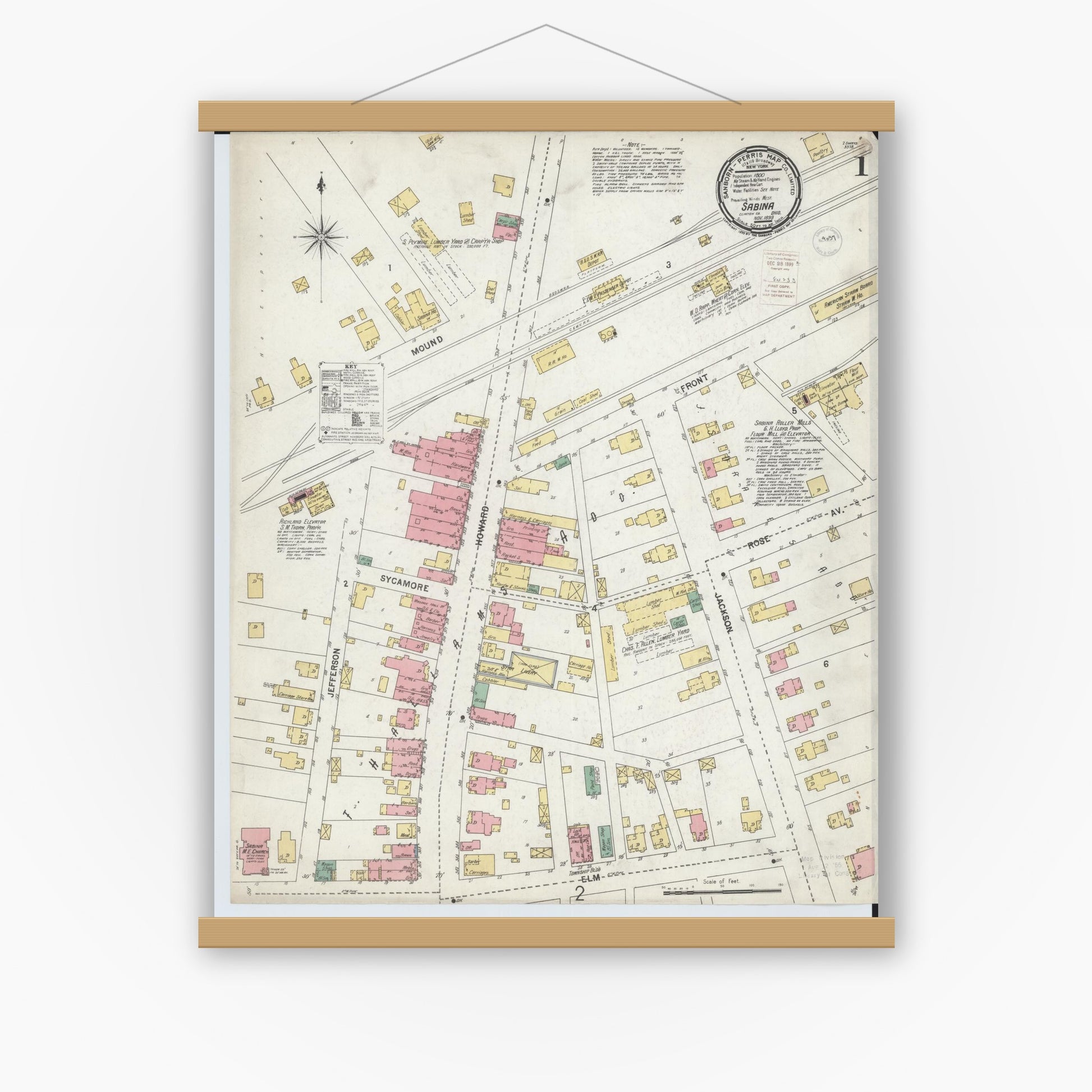 Old map wall art mockup — magnetic wood frame on white wall — Sanborn Fire Insurance Map from Sabina, Clinton County, Ohio (1899), Sheet #0001