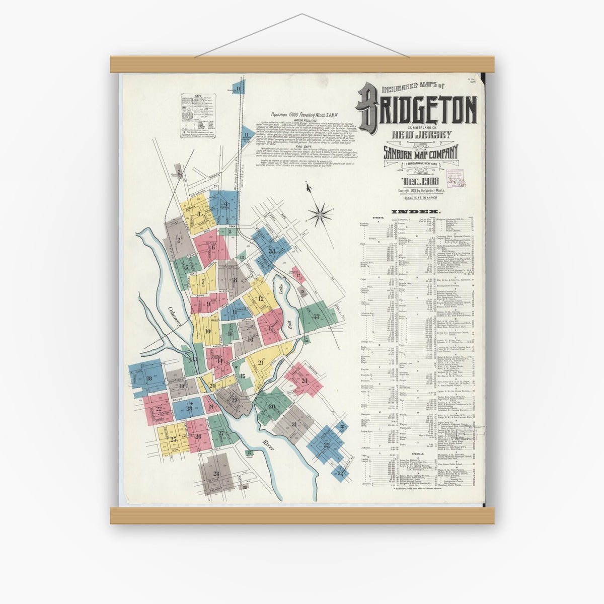 Old map wall art mockup — magnetic wood frame on white wall — Sanborn Fire Insurance Map from Bridgeton, Cumberland County, New Jersey (1908) - Complete Map Set