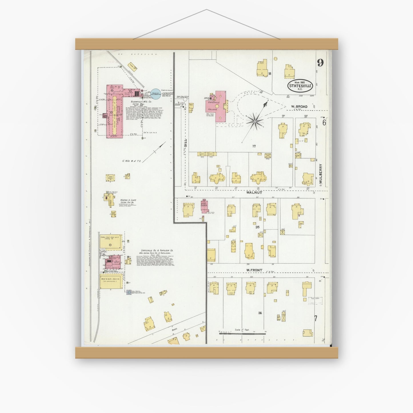 Old map wall art mockup — magnetic wood frame on white wall — Sanborn Fire Insurance Map from Statesville, Iredell County, North Carolina (1905), Sheet #0009