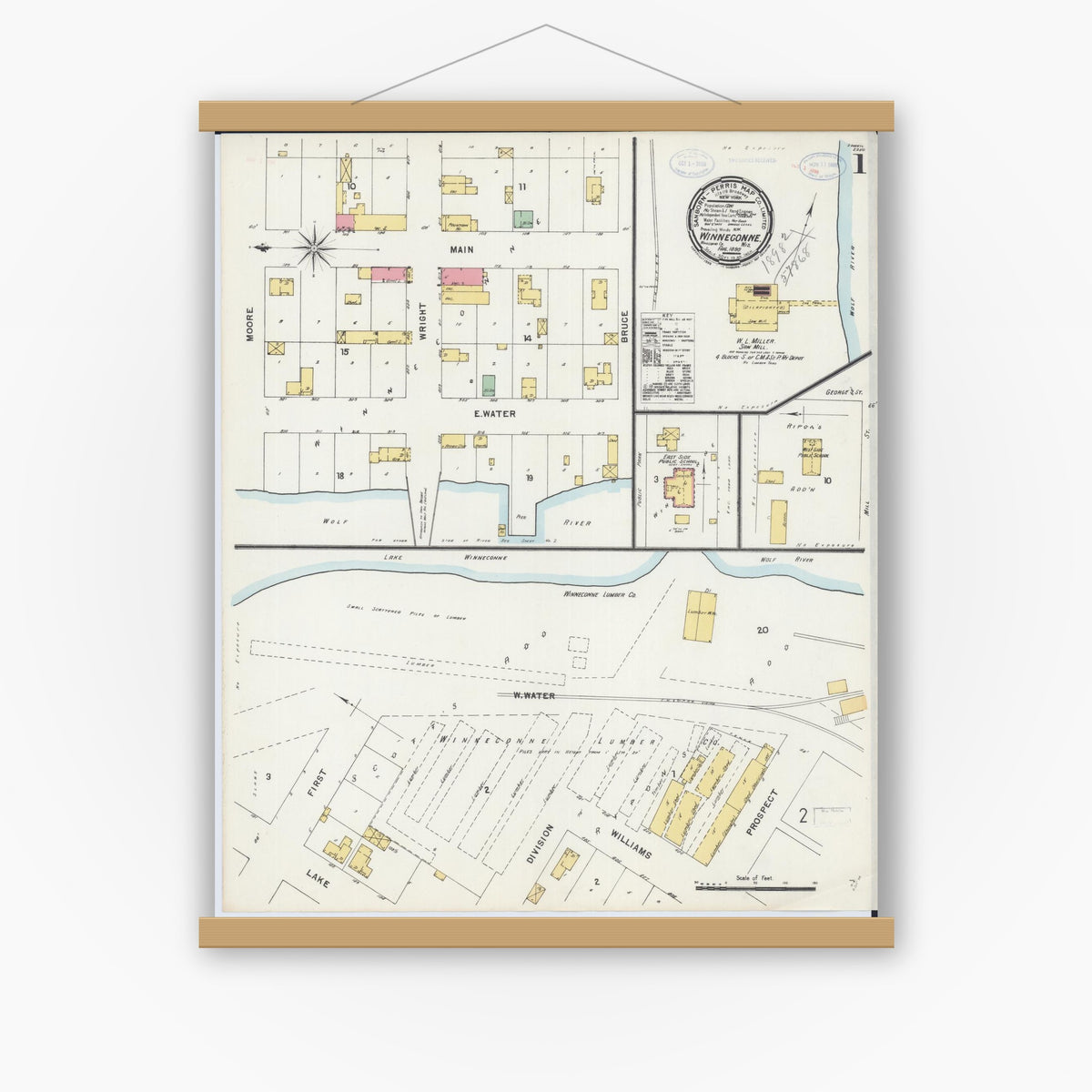 Old map wall art mockup — magnetic wood frame on white wall — Sanborn Fire Insurance Map from Winneconne, Winnebago County, Wisconsin (1898) - Complete Map Set