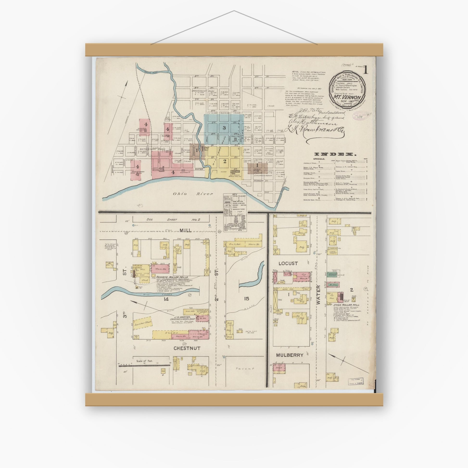 Old map wall art mockup — magnetic wood frame on white wall — Sanborn Fire Insurance Map from Mount Vernon, Posey County, Indiana (1887) - Complete Map Set