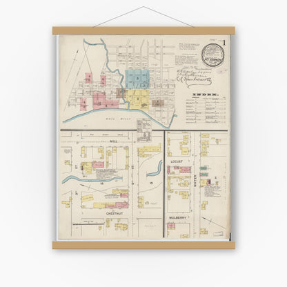 Old map wall art mockup — magnetic wood frame on white wall — Sanborn Fire Insurance Map from Mount Vernon, Posey County, Indiana (1887) - Complete Map Set