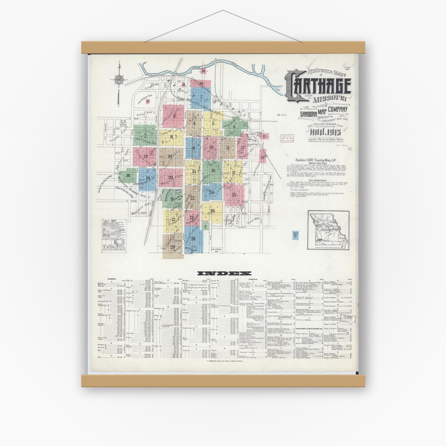 Old map wall art mockup — magnetic wood frame on white wall — Sanborn Fire Insurance Map from Carthage, Jasper County, Missouri (1915) - Complete Map Set