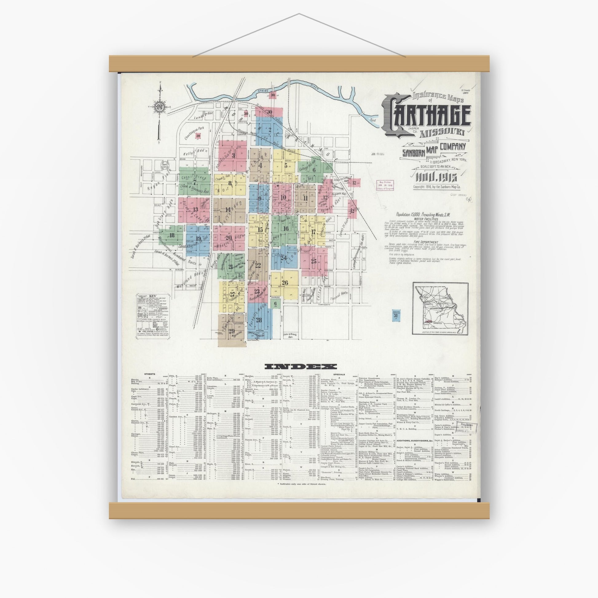 Old map wall art mockup — magnetic wood frame on white wall — Sanborn Fire Insurance Map from Carthage, Jasper County, Missouri (1915) - Complete Map Set