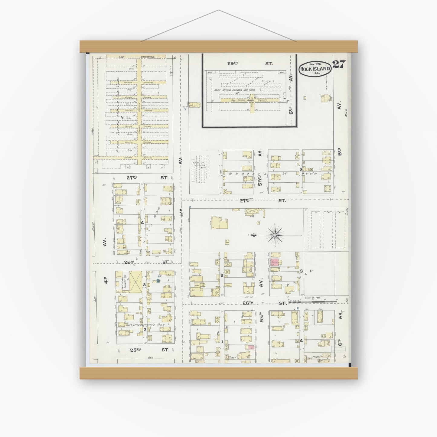Old map wall art mockup — magnetic wood frame on white wall — Sanborn Fire Insurance Map from Rock Island, Rock Island County, Illinois (1892), Sheet #0027