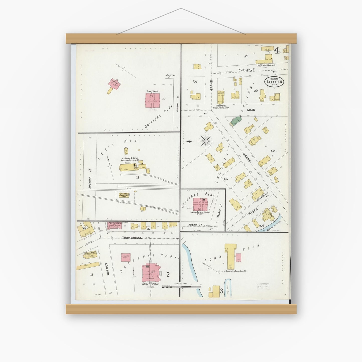 Old map wall art mockup — magnetic wood frame on white wall — Sanborn Fire Insurance Map from Allegan, Allegan County, Michigan (1899), Sheet #0004