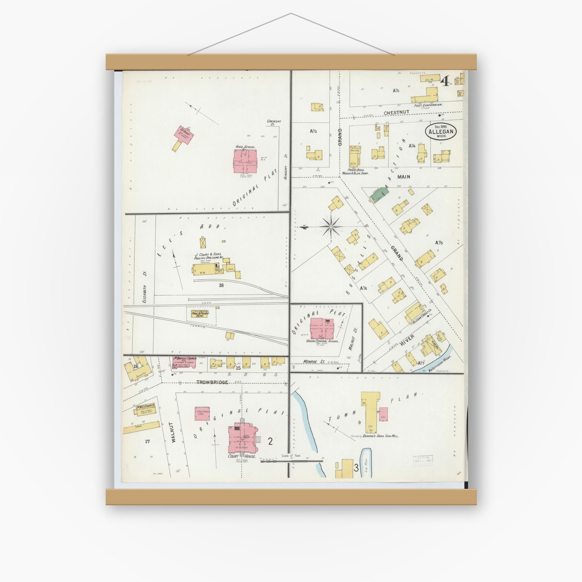 Old map wall art mockup — magnetic wood frame on white wall — Sanborn Fire Insurance Map from Allegan, Allegan County, Michigan (1899), Sheet #0004
