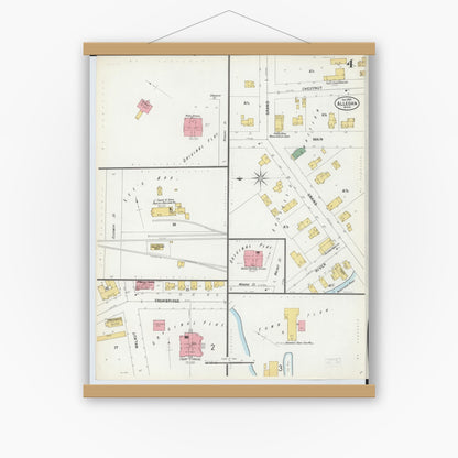 Old map wall art mockup — magnetic wood frame on white wall — Sanborn Fire Insurance Map from Allegan, Allegan County, Michigan (1899), Sheet #0004