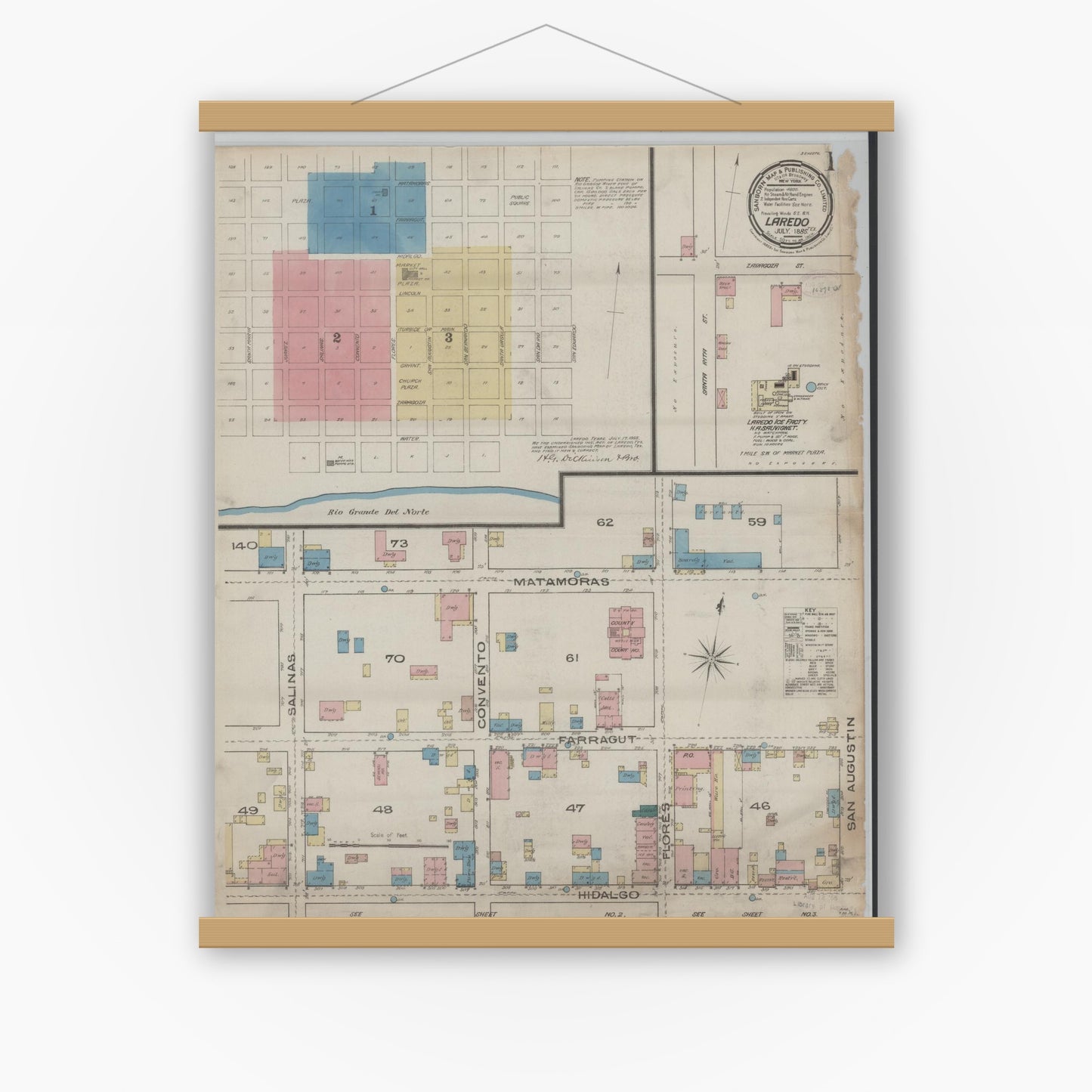 Old map wall art mockup — magnetic wood frame on white wall — Sanborn Fire Insurance Map from Laredo, Webb County, Texas (1885), Sheet #0001