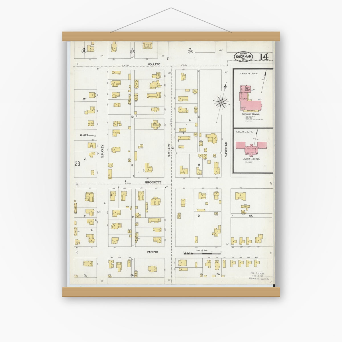 Old map wall art mockup — magnetic wood frame on white wall — Sanborn Fire Insurance Map from Sherman, Grayson County, Texas (1902), Sheet #0014