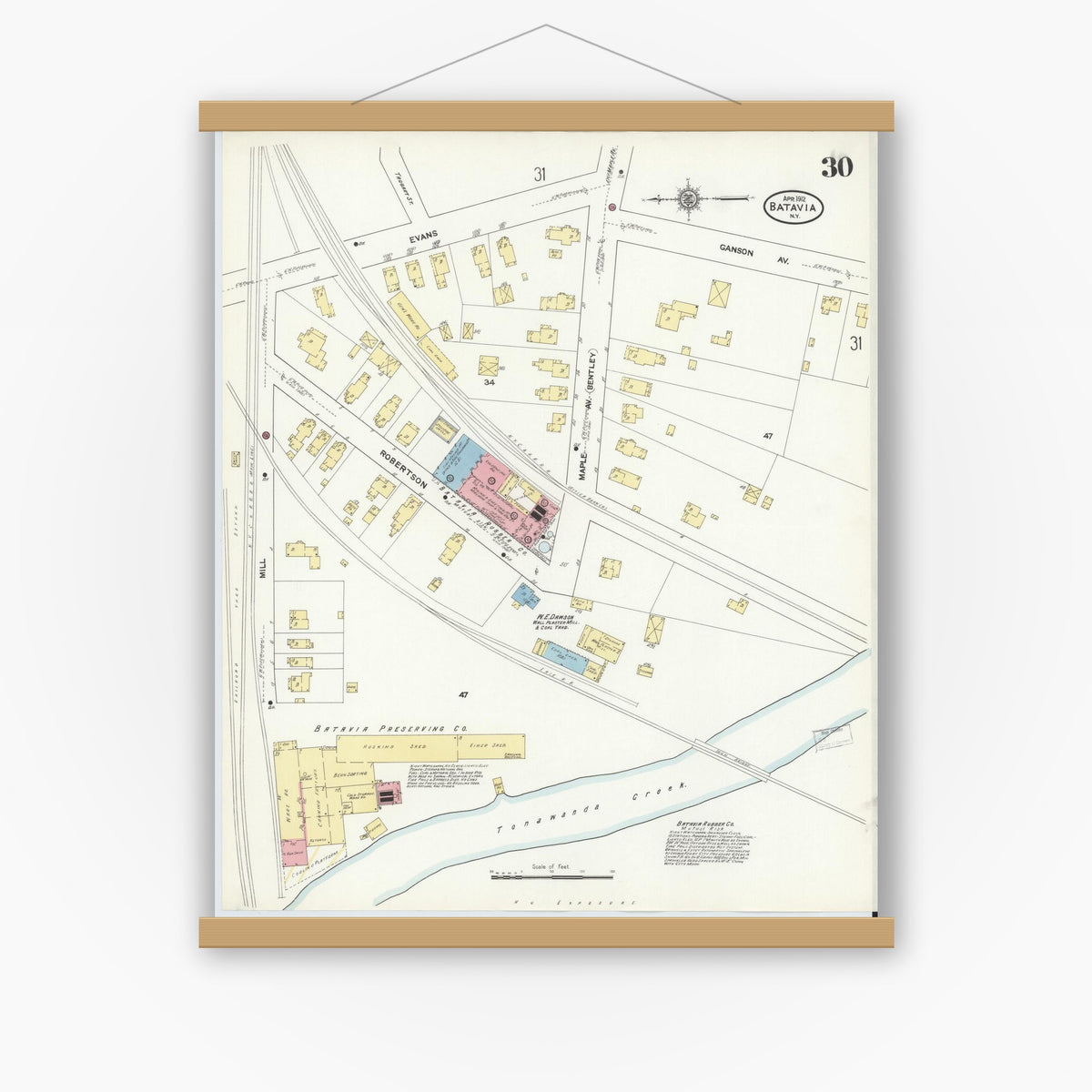 Old map wall art mockup — magnetic wood frame on white wall — Sanborn Fire Insurance Map from Batavia, Genesee County, New York (1912), Sheet #0030