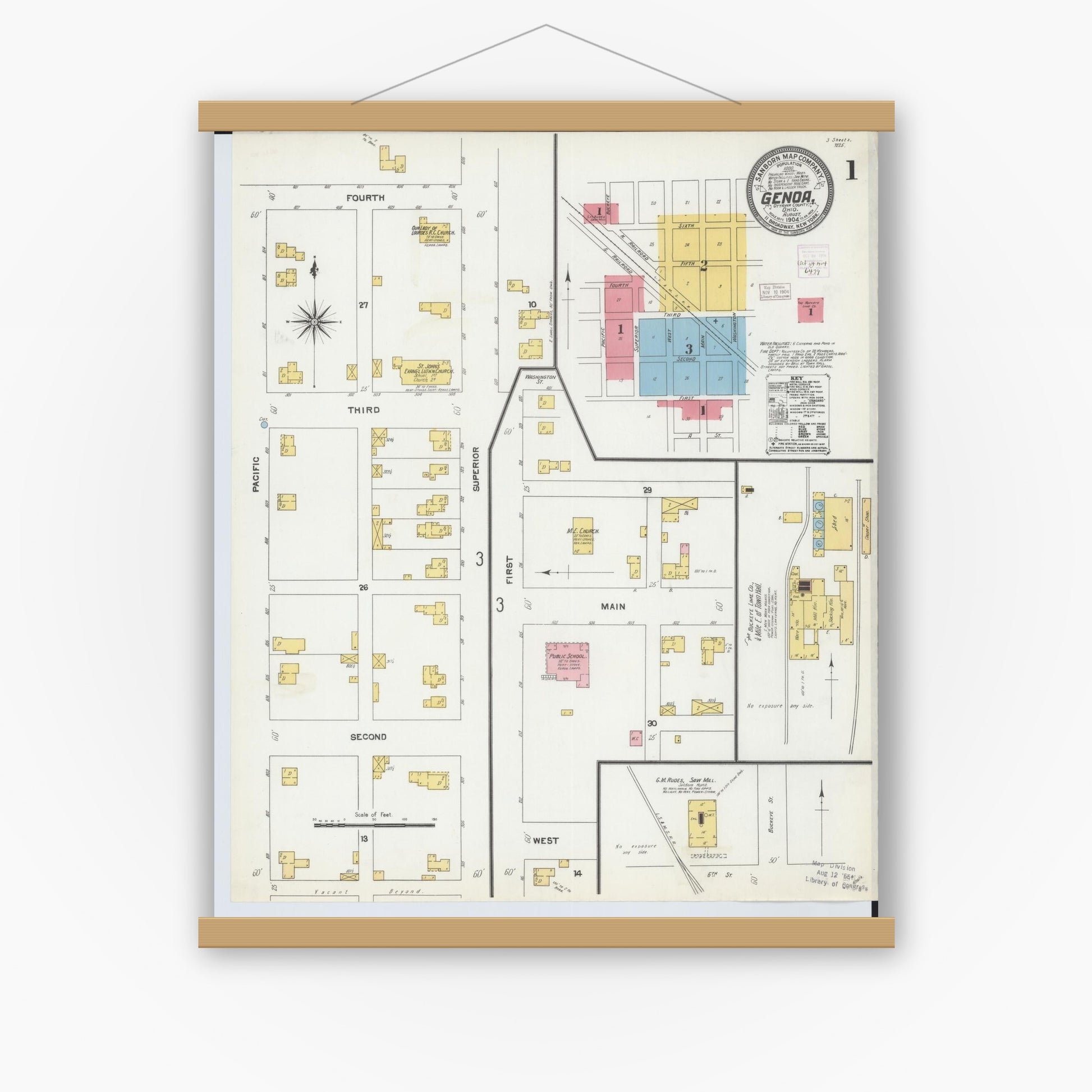 Old map wall art mockup — magnetic wood frame on white wall — Sanborn Fire Insurance Map from Genoa, Ottawa County, Ohio (1904), Sheet #0001