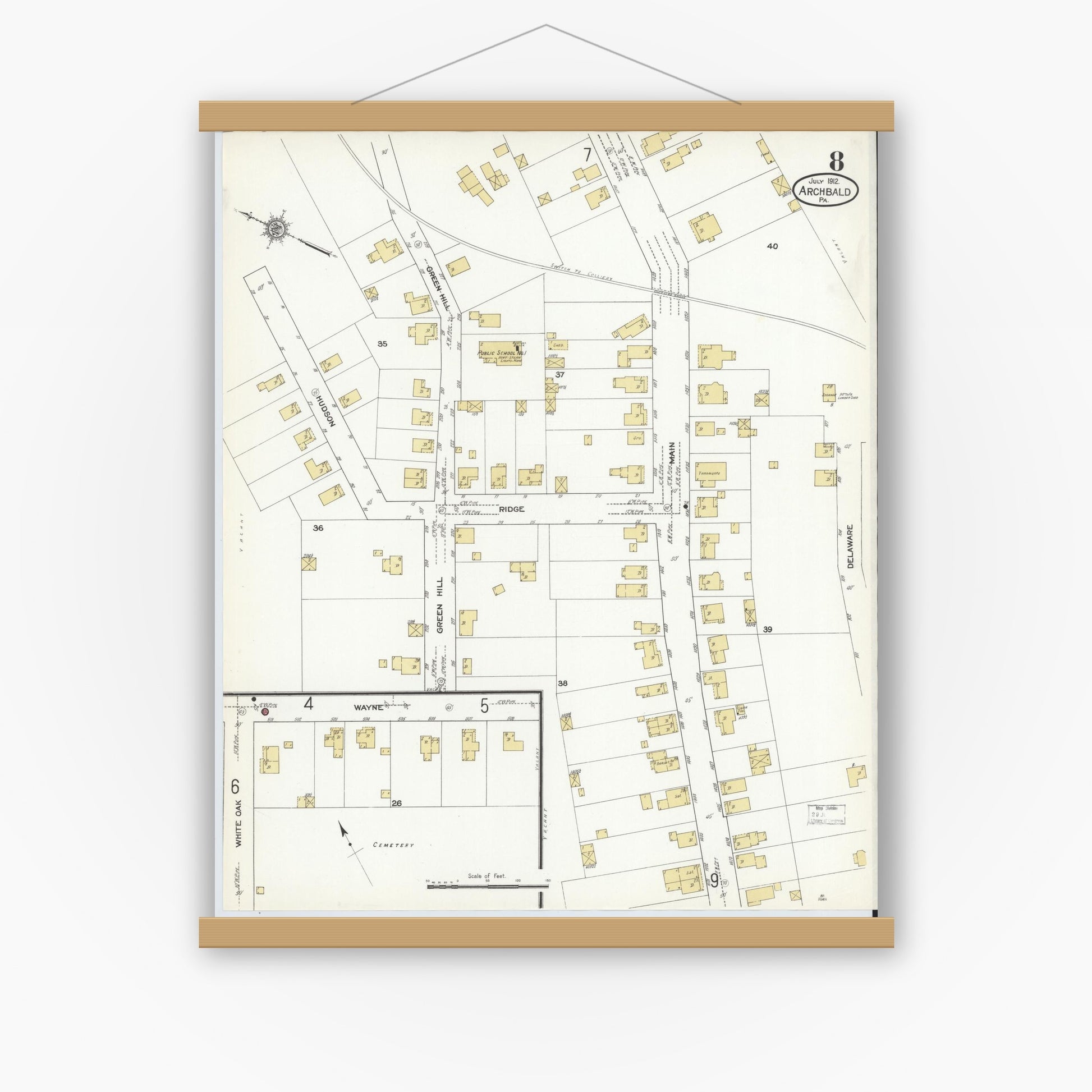 Old map wall art mockup — magnetic wood frame on white wall — Sanborn Fire Insurance Map from Archbald, Lackawanna County, Pennsylvania (1912), Sheet #0008