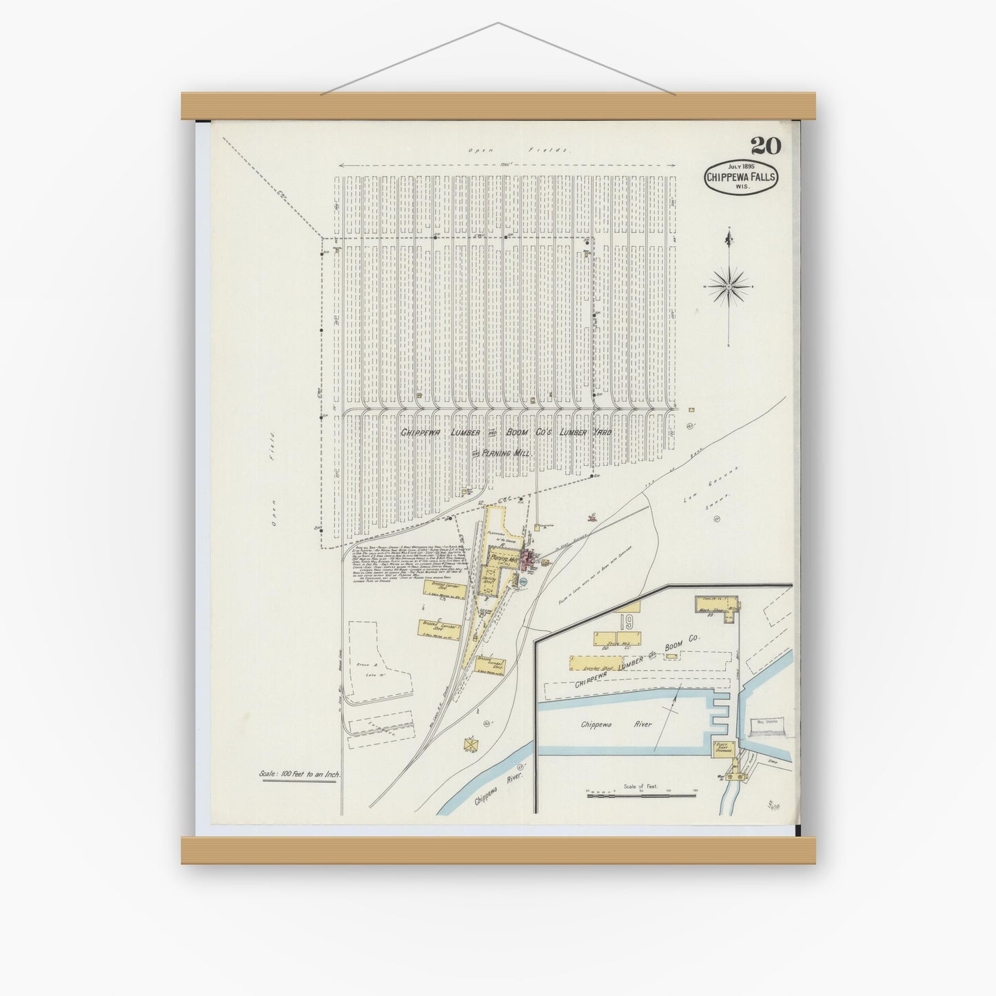 Old map wall art mockup — magnetic wood frame on white wall — Sanborn Fire Insurance Map from Chippewa Falls, Chippewa County, Wisconsin (1895), Sheet #0020