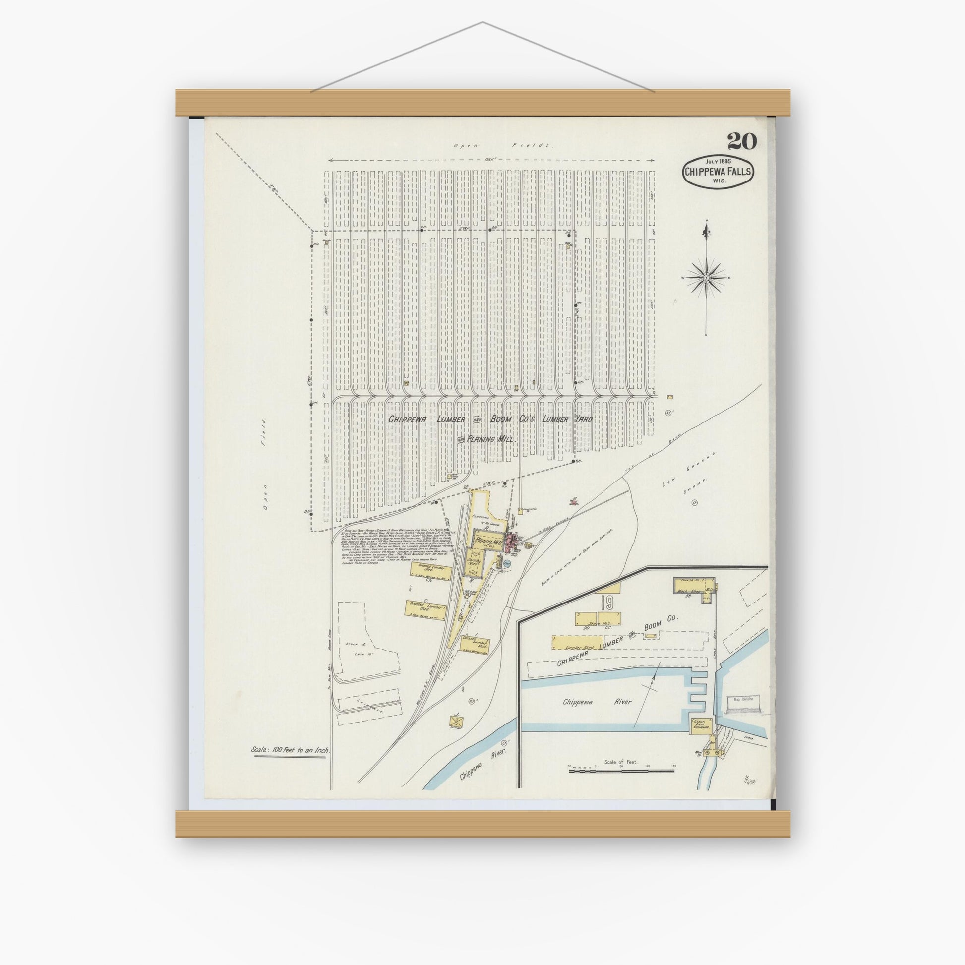Old map wall art mockup — magnetic wood frame on white wall — Sanborn Fire Insurance Map from Chippewa Falls, Chippewa County, Wisconsin (1895), Sheet #0020