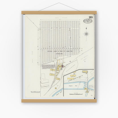 Old map wall art mockup — magnetic wood frame on white wall — Sanborn Fire Insurance Map from Chippewa Falls, Chippewa County, Wisconsin (1895), Sheet #0020