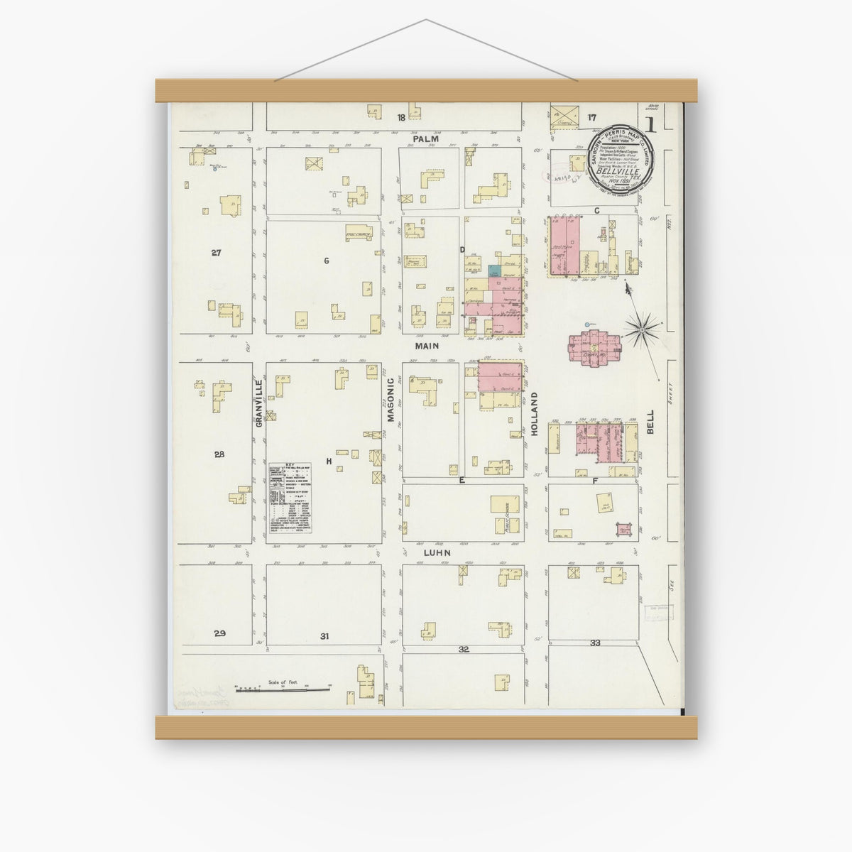 Old map wall art mockup — magnetic wood frame on white wall — Sanborn Fire Insurance Map from Bellville, Austin County, Texas (1891) - Complete Map Set