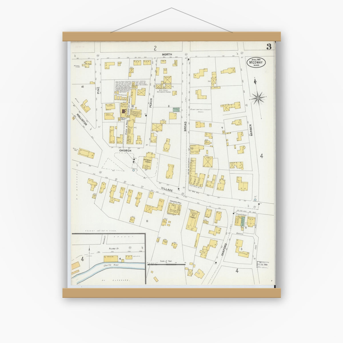 Old map wall art mockup — magnetic wood frame on white wall — Sanborn Fire Insurance Map from Medway, Norfolk County, Massachusetts (1903), Sheet #0003