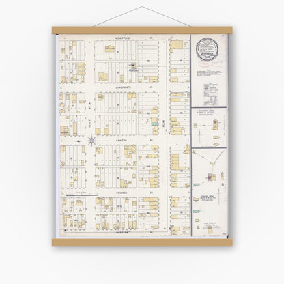Old map wall art mockup — magnetic wood frame on white wall — Sanborn Fire Insurance Map from Biwabik, Saint Louis County, Minnesota (1897), Sheet #0001