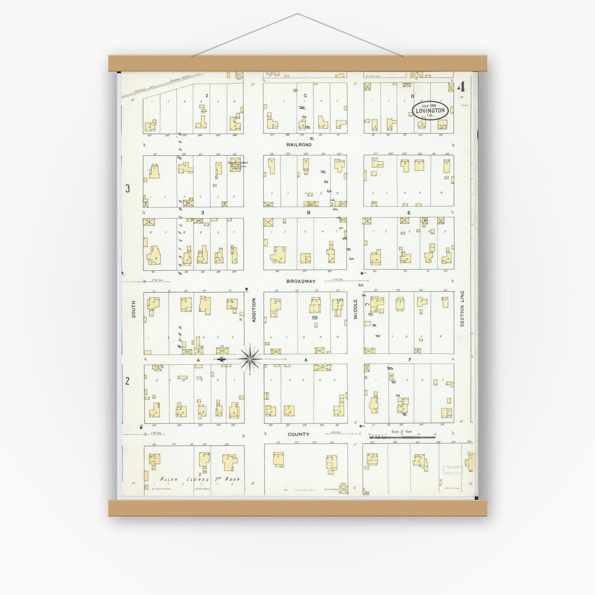 Old map wall art mockup — magnetic wood frame on white wall — Sanborn Fire Insurance Map from Lovington, Moultrie County, Illinois (1909), Sheet #0004
