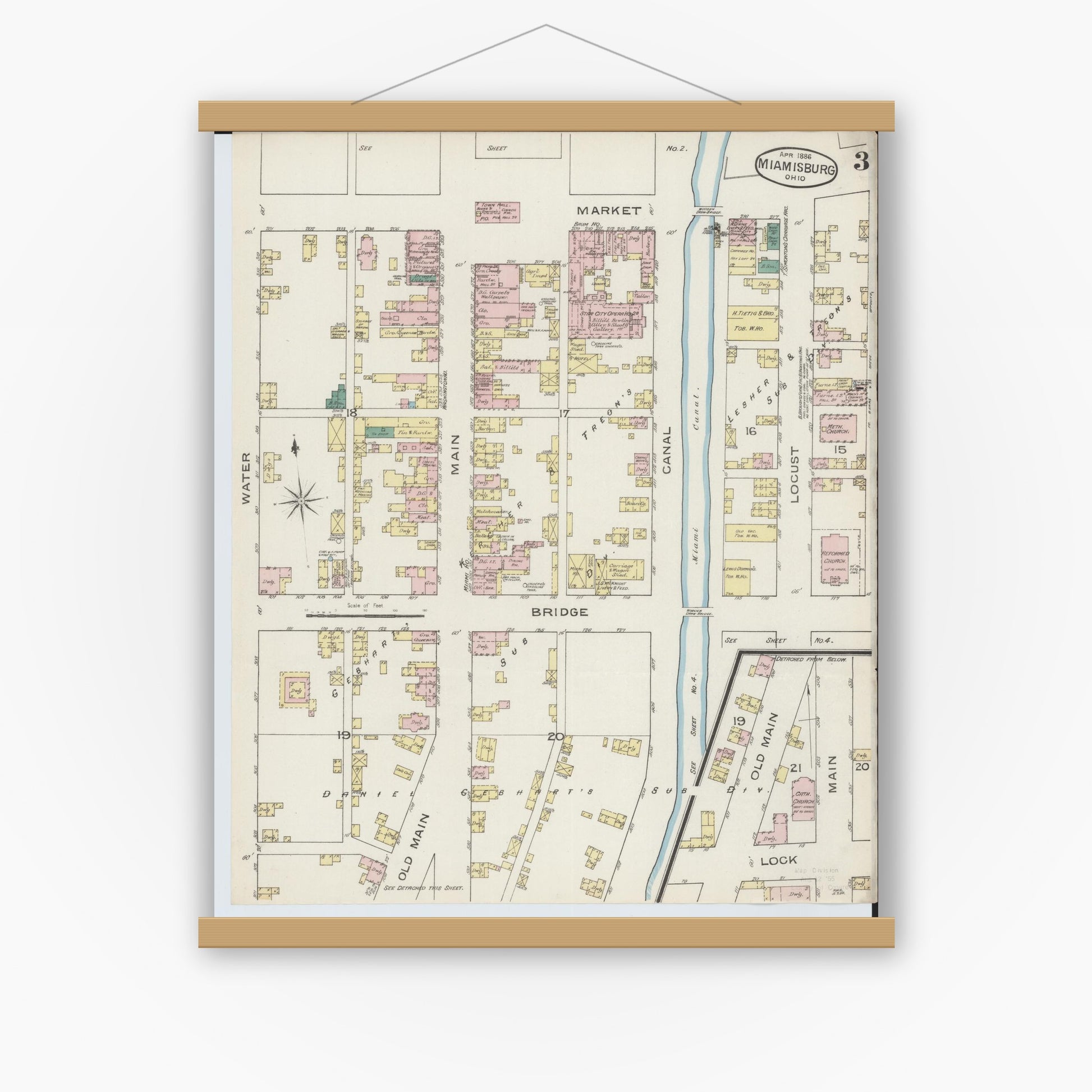 Old map wall art mockup — magnetic wood frame on white wall — Sanborn Fire Insurance Map from Miamisburg, Montgomery County, Ohio (1886), Sheet #0003