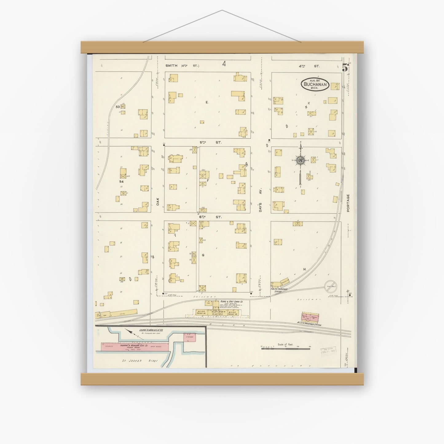 Old map wall art mockup — magnetic wood frame on white wall — Sanborn Fire Insurance Map from Buchanan, Berrien County, Michigan (1911), Sheet #0005