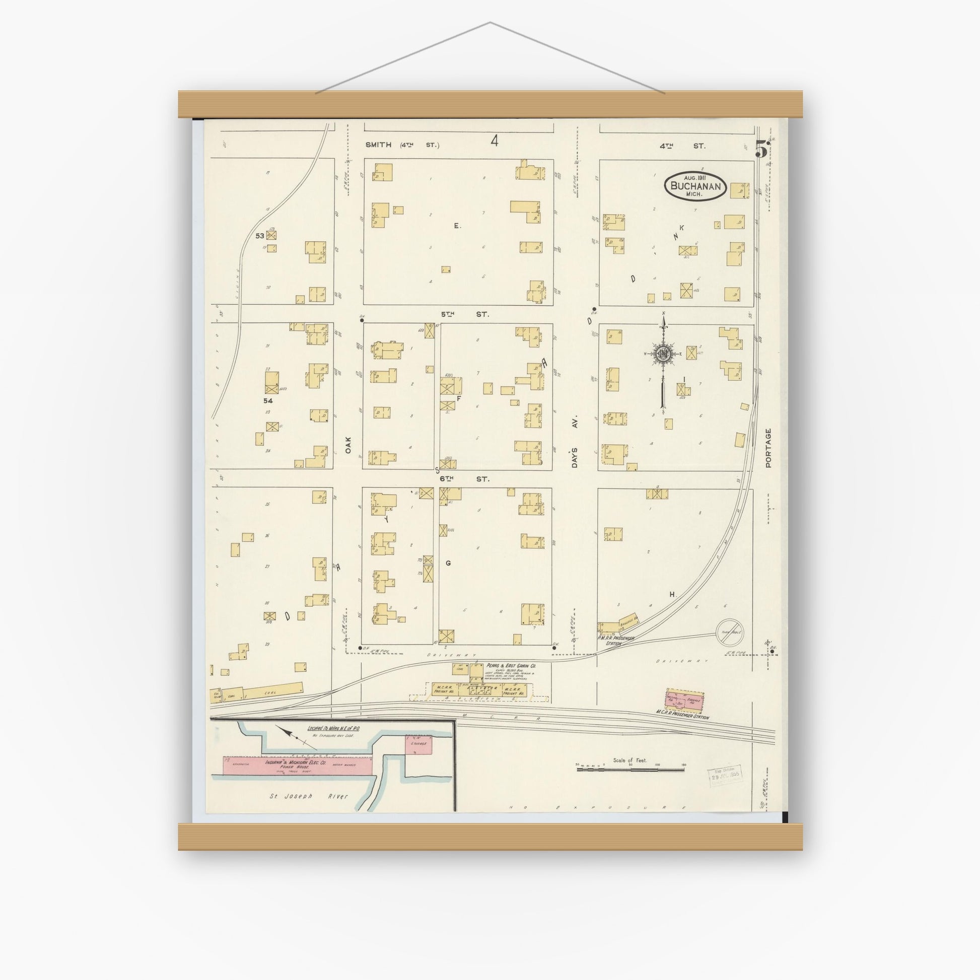 Old map wall art mockup — magnetic wood frame on white wall — Sanborn Fire Insurance Map from Buchanan, Berrien County, Michigan (1911), Sheet #0005