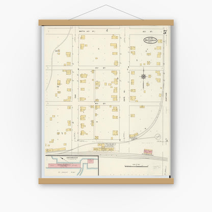 Old map wall art mockup — magnetic wood frame on white wall — Sanborn Fire Insurance Map from Buchanan, Berrien County, Michigan (1911), Sheet #0005