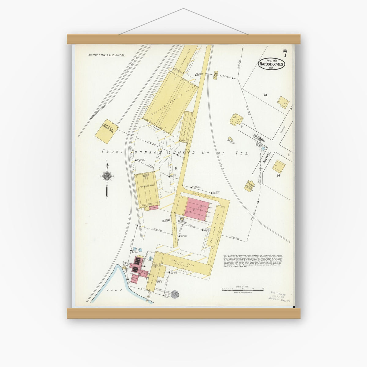 Old map wall art mockup — magnetic wood frame on white wall — Sanborn Fire Insurance Map from Nacogdoches, Nacogdoches County, Texas (1921), Sheet #0007