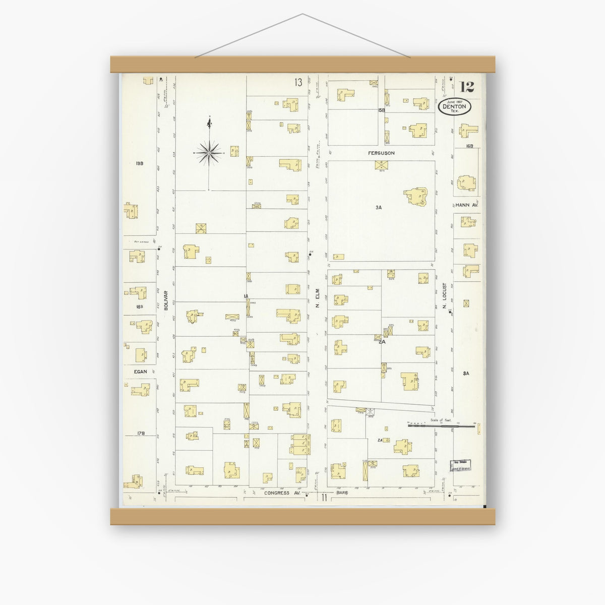 Old map wall art mockup — magnetic wood frame on white wall — Sanborn Fire Insurance Map from Denton, Denton County, Texas (1907), Sheet #0012