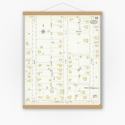 Old map wall art mockup — magnetic wood frame on white wall — Sanborn Fire Insurance Map from Denton, Denton County, Texas (1907), Sheet #0012
