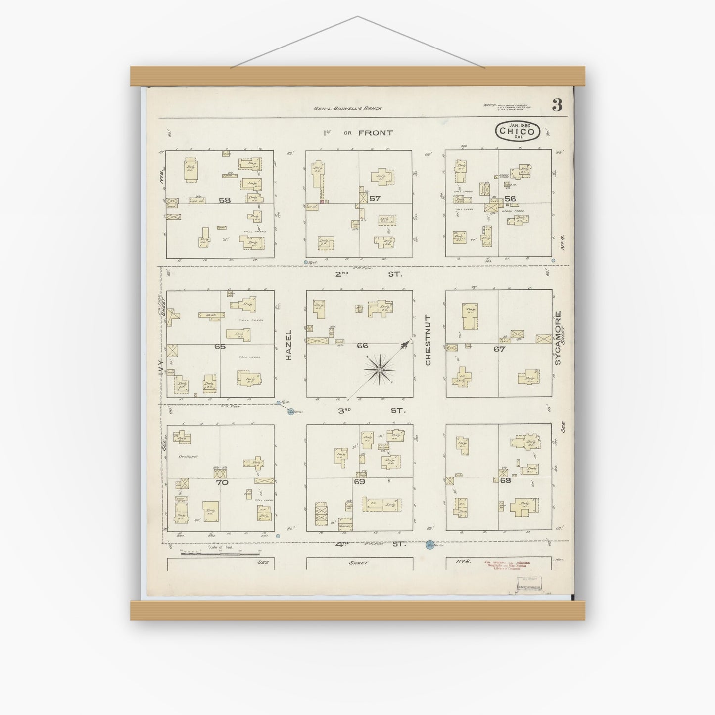 Old map wall art mockup — magnetic wood frame on white wall — Sanborn Fire Insurance Map from Chico, Butte County, California (1886), Sheet #0003