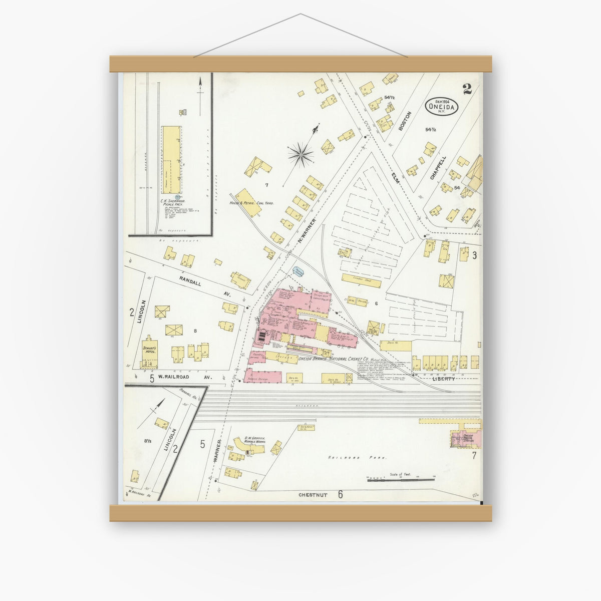 Old map wall art mockup — magnetic wood frame on white wall — Sanborn Fire Insurance Map from Oneida, Madison County, New York (1904), Sheet #0001