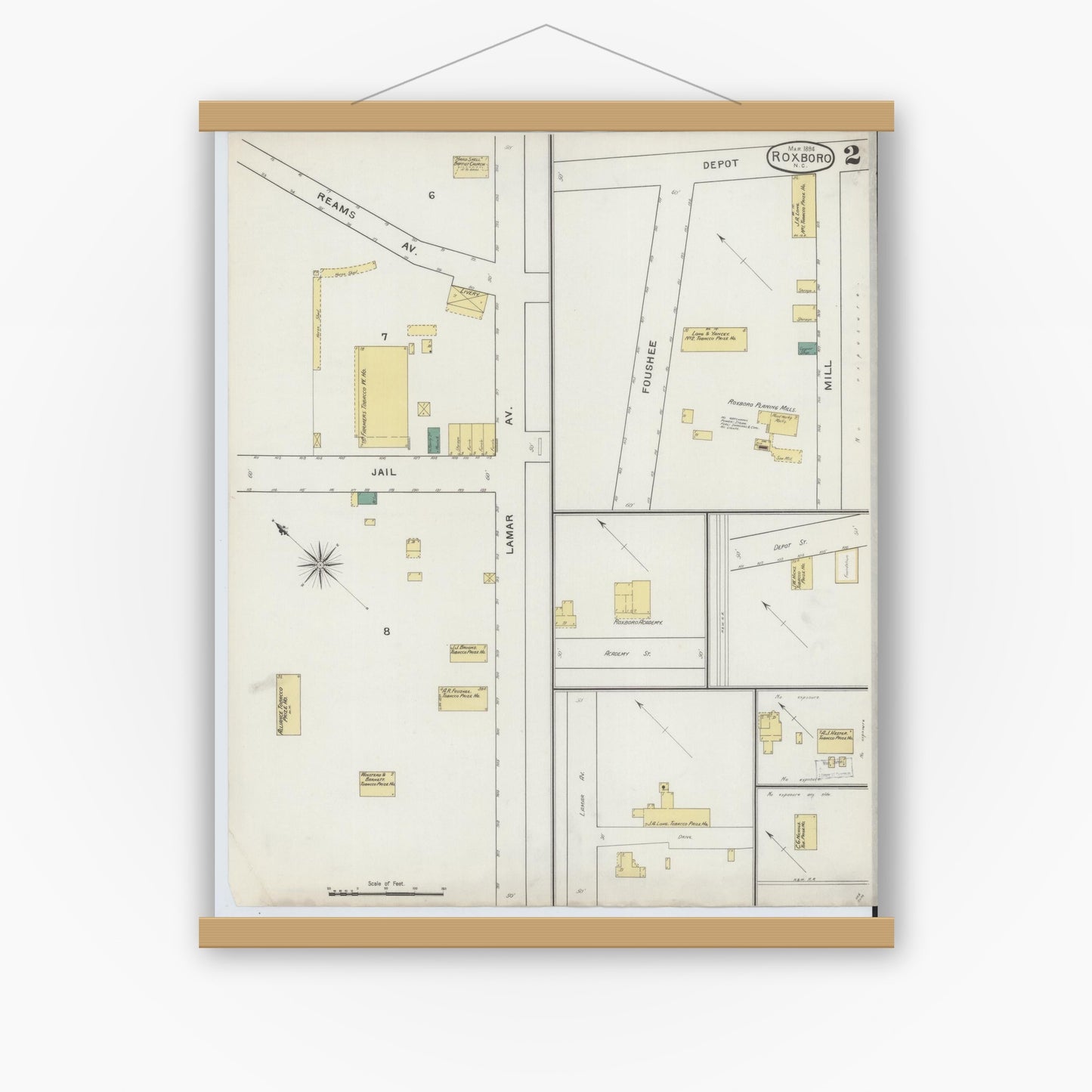Old map wall art mockup — magnetic wood frame on white wall — Sanborn Fire Insurance Map from Roxboro, Person County, North Carolina (1894), Sheet #0002