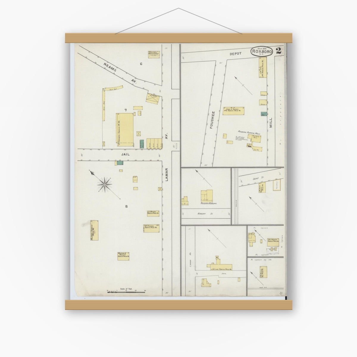 Old map wall art mockup — magnetic wood frame on white wall — Sanborn Fire Insurance Map from Roxboro, Person County, North Carolina (1894), Sheet #0002