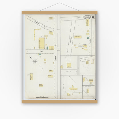 Old map wall art mockup — magnetic wood frame on white wall — Sanborn Fire Insurance Map from Roxboro, Person County, North Carolina (1894), Sheet #0002