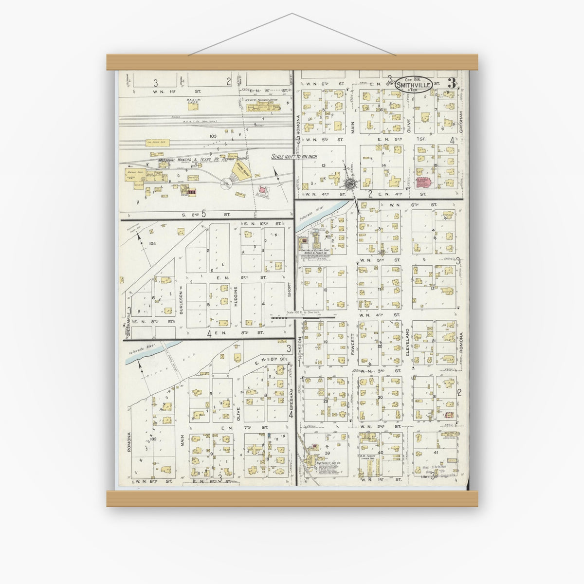 Old map wall art mockup — magnetic wood frame on white wall — Sanborn Fire Insurance Map from Smithville, Bastrop County, Texas (1915), Sheet #0003
