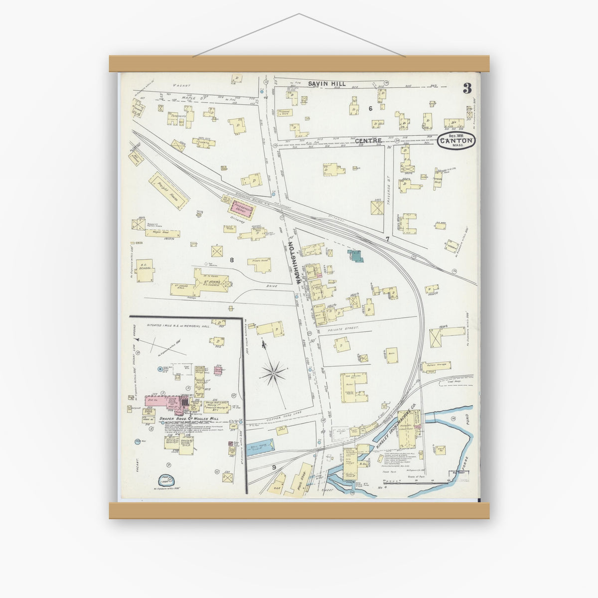 Old map wall art mockup — magnetic wood frame on white wall — Sanborn Fire Insurance Map from Canton, Norfolk County, Massachusetts (1891), Sheet #0003