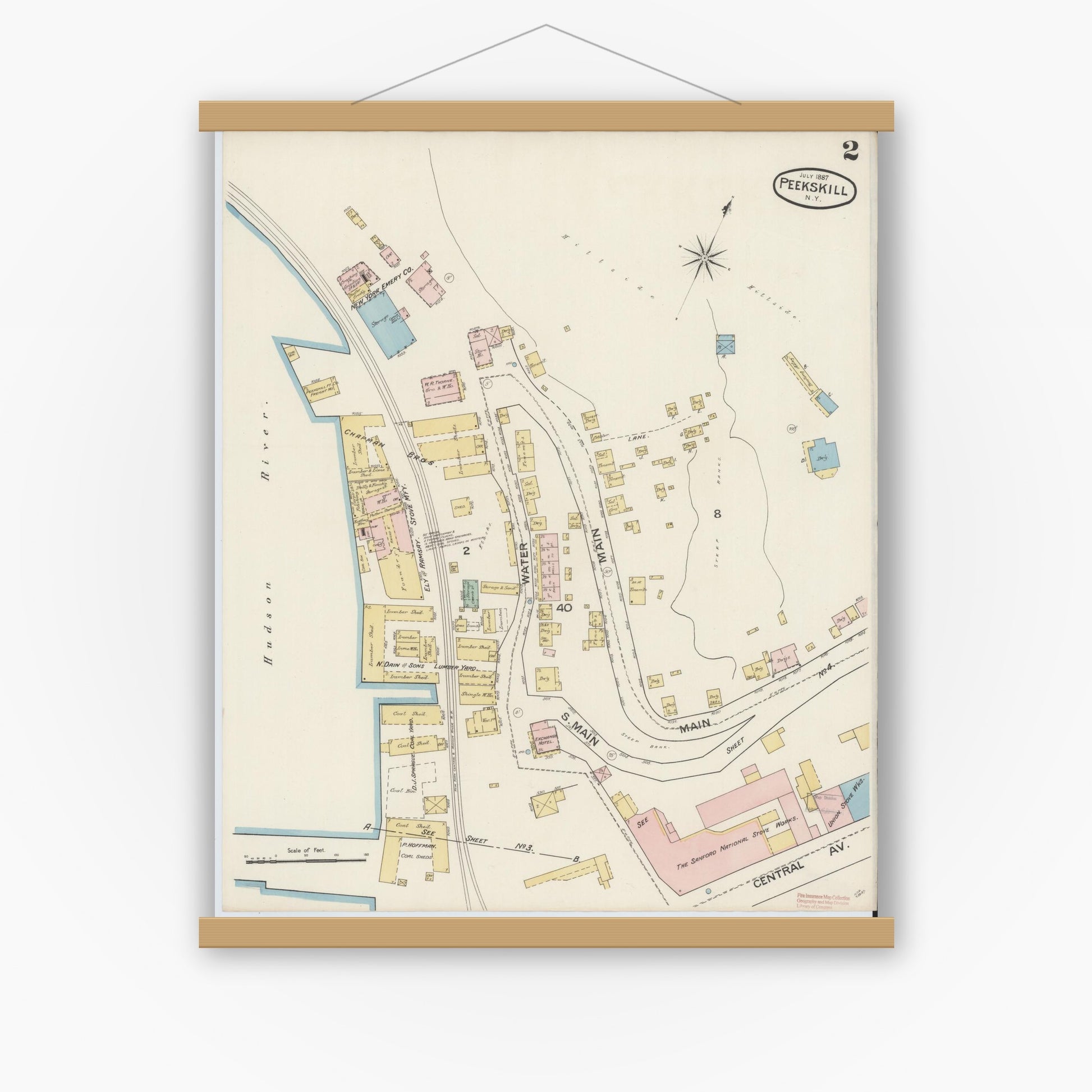 Old map wall art mockup — magnetic wood frame on white wall — Sanborn Fire Insurance Map from Peekskill, Westchester County, New York (1887) - Complete Map Set