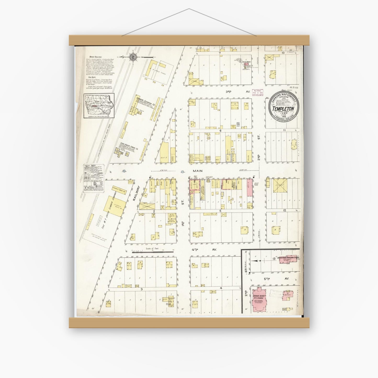 Old map wall art mockup — magnetic wood frame on white wall — Sanborn Fire Insurance Map from Templeton, Carroll County, Iowa (1915), Sheet #0001