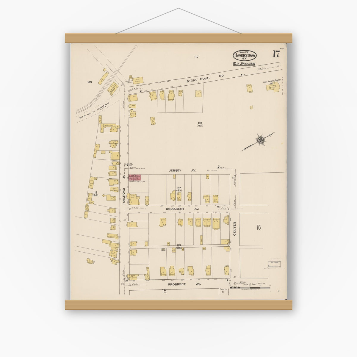 Old map wall art mockup — magnetic wood frame on white wall — Sanborn Fire Insurance Map from Haverstraw, Rockland County, New York (1921), Sheet #0017