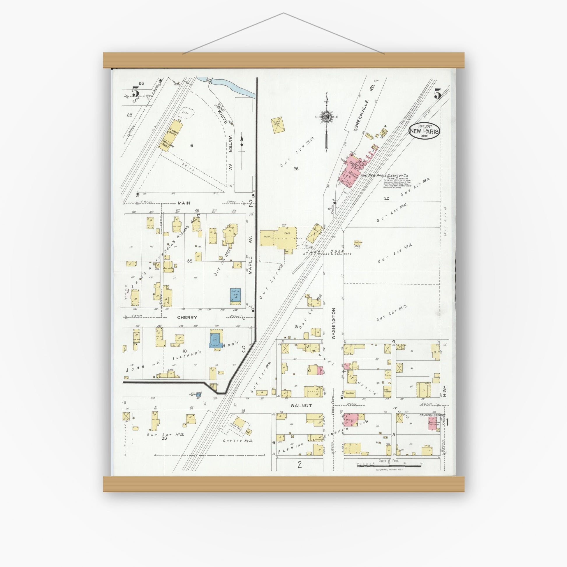 Old map wall art mockup — magnetic wood frame on white wall — Sanborn Fire Insurance Map from New Paris, Preble County, Ohio (1927), Sheet #0005