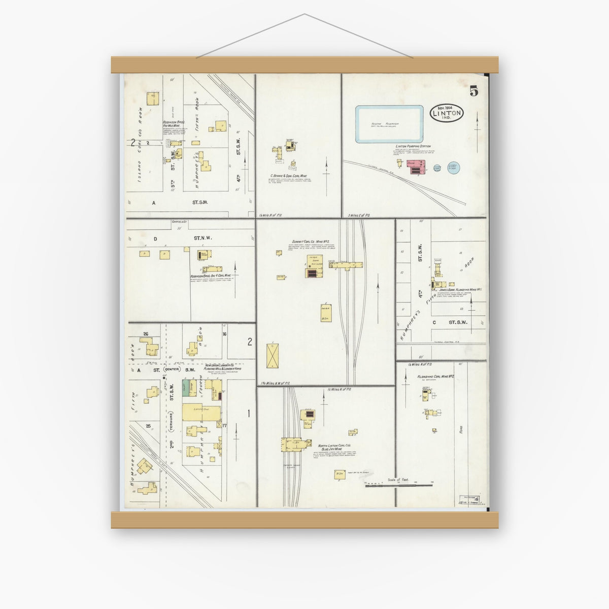 Old map wall art mockup — magnetic wood frame on white wall — Sanborn Fire Insurance Map from Linton, Greene County, Indiana (1904), Sheet #0005