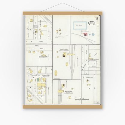 Old map wall art mockup — magnetic wood frame on white wall — Sanborn Fire Insurance Map from Linton, Greene County, Indiana (1904), Sheet #0005