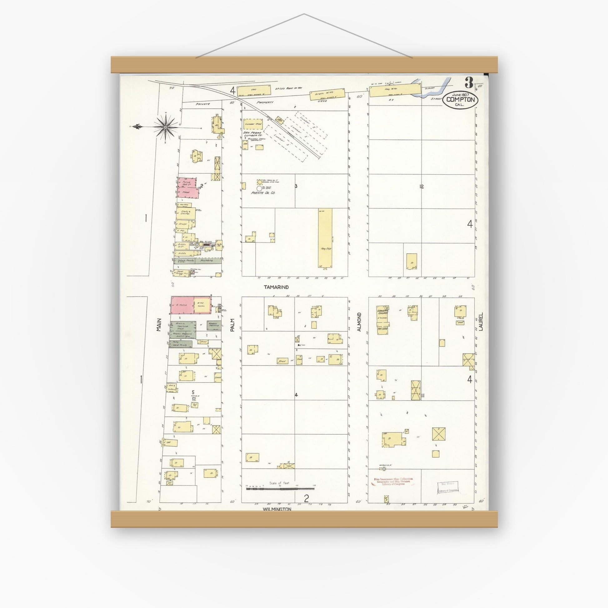 Old map wall art mockup — magnetic wood frame on white wall — Sanborn Fire Insurance Map from Compton, Los Angeles County, California (1907), Sheet #0003
