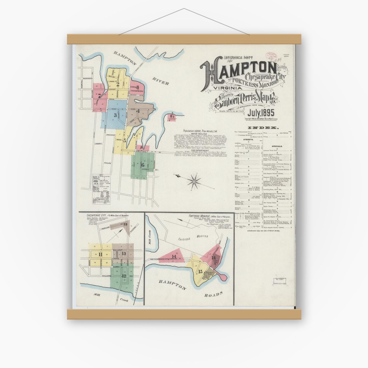 Old map wall art mockup — magnetic wood frame on white wall — Sanborn Fire Insurance Map from Hampton, Independent Cities, Virginia (1895) - Complete Map Set
