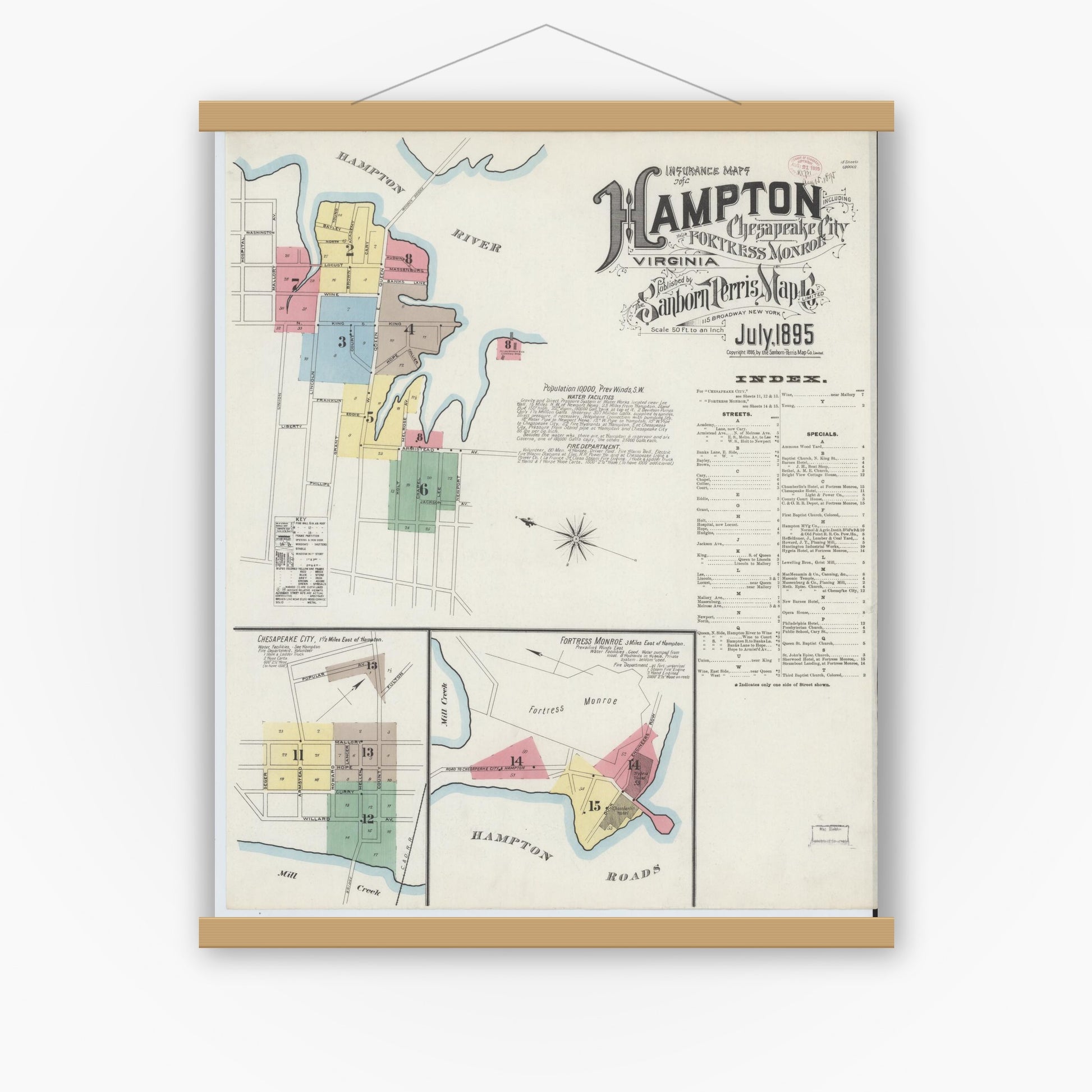Old map wall art mockup — magnetic wood frame on white wall — Sanborn Fire Insurance Map from Hampton, Independent Cities, Virginia (1895) - Complete Map Set